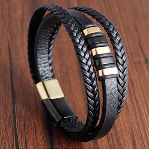 Black and Gold Men's Leather Bracelet